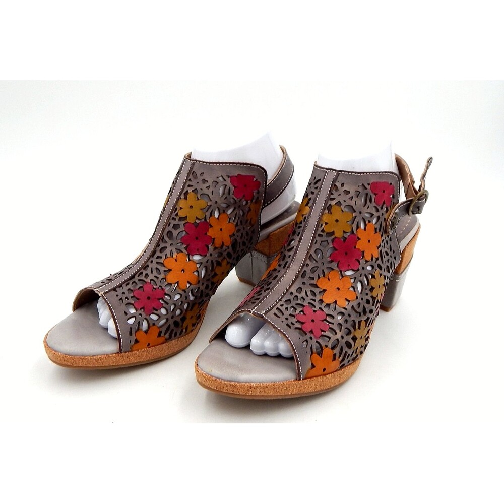 L'Artiste Spring Step Pricilla Gray Sandals Cut Out Leather Heels Floral SZ 42